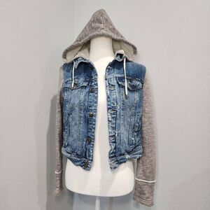 Free People Blue Denim Jean Jacket with Gray Knit Hoodie Sleeves